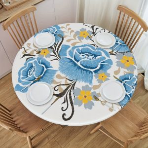 Blue Rose Baroque Waterproof Tablecloth - Elastic Edges, Washable Polyester Cover for 40"-50" Tables, Perfect for Parties, Weddings, Camping & Dining