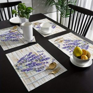 4pcs, Lavender Flower Placemats, Farmhouse Floral Dragonfly Rustic Wood Grain Table Placemats For Kitchen Dining Table Wedding Holiday Party Decoration