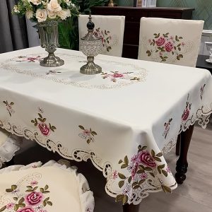 Elegant European Floral Rectangle Tablecloth - Polyester Knit Fabric, Machine Made, Flower Pattern for Dining and Coffee Tables, Perfect for Wedding and Festive Occasions