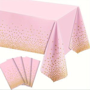 GATHER 12pcs Pink Tablecloth -Pink And Gold Plastic Tablecloth, 54 X108 Inch Rectangular Disposable Dot Party Table Cover, Suitable For Birthday, Graduation, Restaurant, Wedding Decoration Tablecloth