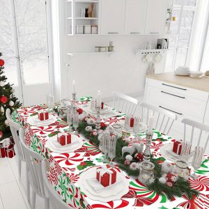 4/ 6 Pcs Red Green Plastic Christmas Candy Cane Peppermint Swirl Tablecloth for Christmas Holiday New Year Party Supplies, 54x108 Inch