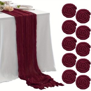 10 pcs 10-Piece Burgundy Boho Cheesecloth Table Runners, 13 Feet Long, Rustic Sheer Tablecloth for Wedding, Bridal Shower, Birthday Parties