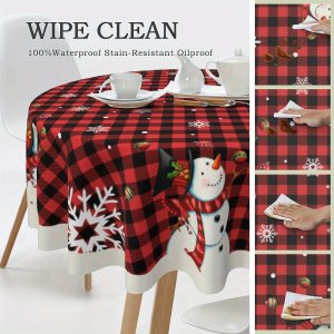 Snowman & Buffalo Plaid Round Tablecloth - 60" Washable Polyester, Perfect for Christmas & Farmhouse Decor, Indoor/Outdoor Use