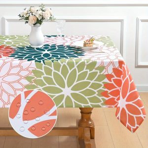 Tablecloth, Spring Summer Dahlia Pinnata Waterproof Table Cloth, Flower Floral Table Cover for Party Picnic Dinner Decor, Orange Blue Green