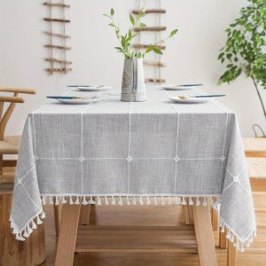 1PC Cotton Linen Rectangular Table Cloth, Wrinkle Resistant, Waterproof Tablecloth, Washable Farmhouse Table Cover with Tassels for Kitchen Dining Party, 55''x70'', Grey