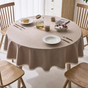 CXRYLZ Round Tablecloth, 63 Inch Cotton Linen Table Cloth with Lace Trim, Waterproof Wrinkle Free Table Cover for Kitchen Dinning Party (Brown)