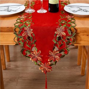 15X70 Inch Embroidered Christmas Tablecloth - Red Holiday Style, Elegant Hollow Cut, Polyester Fiber, Woven, Suitable for Holiday and Winter Decoration