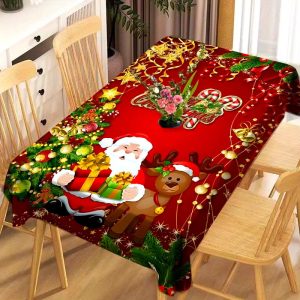 1pc Festive Christmas Tablecloth, Polyester, Red with Santa Claus, Snowflakes, and Holiday Decor, Rectangular, for Home, Kitchen, Indoor/Outdoor Dining, Party Decoration