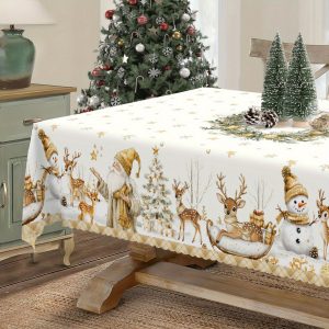 1pc Christmas Tablecloth with Waterproof, Wrinkle-Resistant, Scratch-Resistant, Animal Theme, Winter Season, White Color, Polyester Fiber for Christmas And Winter Decor, Ideal for Indoor/Outdoor Parties And Home Decoration