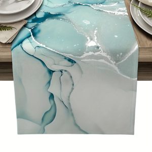 1pc 13x72 Inch Long Aqua Marble Texture Linen Table Runners Heat Resistant Washable Kitchen Table Runner For Dining Room