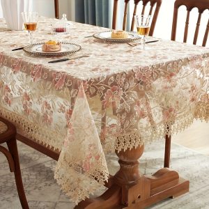 1 Piece, Pink Lace Embroidered Tablecloth, Exquisite Embroidery Lace Table Cover, Christmas, Holiday, Party, Wedding, Table Top Decoration, Breakfast Table, Coffee Table Top Covering, Restaurant Kitchen Table Top Decoration, Fireplace Decoration.