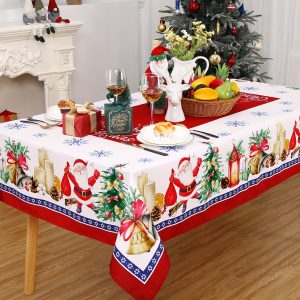 Christmas Tablecloth, Christmas Table Cloths Rectangle 60 X 120 Inch, Santa Claus Xmas Tree Decorations Farmhouse Rustic Party Outdoor Table Decor Christmas Table Cover