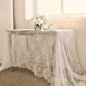 6 piece 60X120Inches White Lace Tablecloth Rectangular Spring Wedding Table Cloth  Vintage Embroidered Lace Fabric Overlay for Summer Outdoor Party Reception Home Decoration