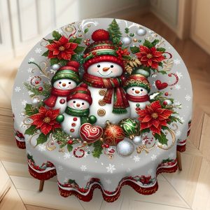 Christmas Cheer Round Tablecloth - Snowman, Reindeer & Snowflake Design | Waterproof & Wrinkle-Free | Perfect for Holiday Parties & Home Decor | Indoor/Outdoor Use