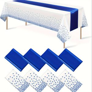 Elegant White & Blue Dot Disposable Tablecloth and Satin Runner Set - Perfect for Weddings, Birthdays, Youngsters Showers, Anniversaries, Christmas & New Year Parties