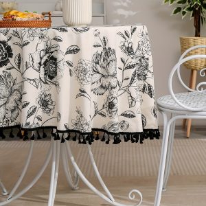 1pc, Elegant Floral Tablecloth with Tassels for Restaurant, Picnic, and Home Decor - Soft Cotton Linen Table Cover with Stylish Design