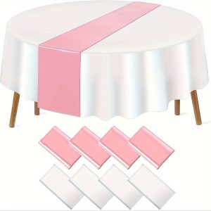 8-pack 6-pack Premium 8-Pack Disposable White Plastic Round Tablecloths & 6-Pack Rose Golden Satin Table Runners - Versatile Celebration Bundle for Weddings, Birthdays & More