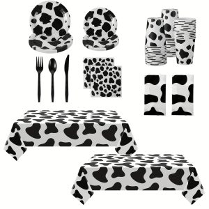 162 pcs 162-Piece Cow Party Dinnerware Set: Black & White Plastic Plates, Napkins, Tablecloth & Runner for Cow Themed Parties