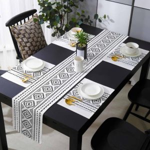 Black and White Bohemian Placemats with Matching Table Runner Linen Burlap Polyester Table Mat Set Coffee Mats, 6 Placemats 13