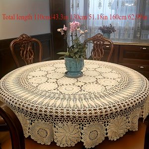 Handcrafted Round Beige Tablecloth with Vintage Floral Design - Cotton, Crochet Knit, Perfect for Dining & Home Decor