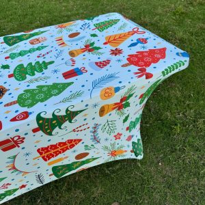 6ft Festive Christmas Tree Print Tablecloth - Stretchy, Washable Polyester Cover for Parties & Weddings, Perfect for Holiday Dining Decor